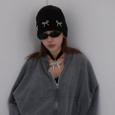 Fashion Beads String Bow Woolen Cap Women