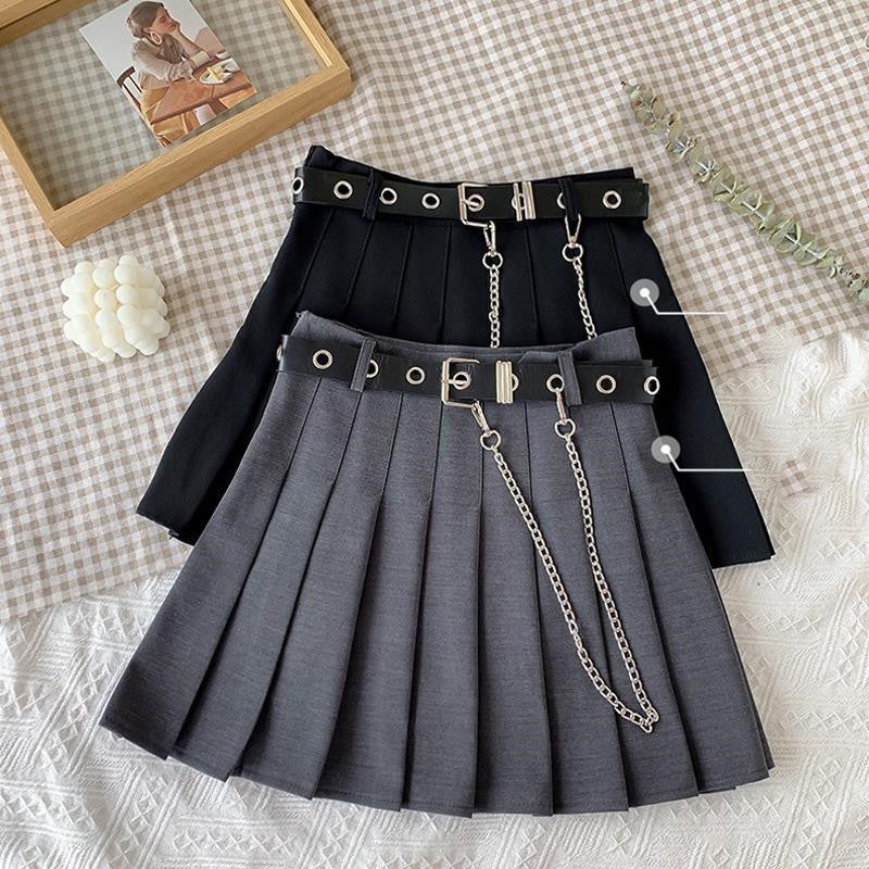 Plaid Skirt Women High Waist Chain Pocket A-line Streetwear Vintage Free Belt