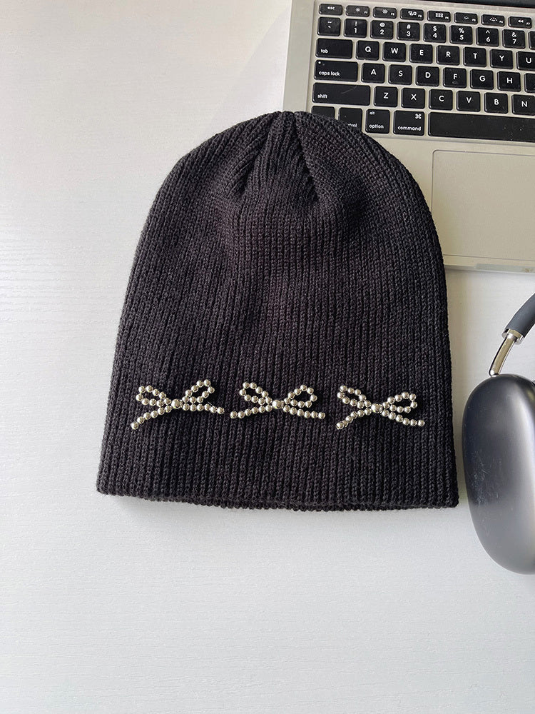 Fashion Beads String Bow Woolen Cap Women