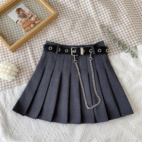 Plaid Skirt Women High Waist Chain Pocket A-line Streetwear Vintage Free Belt