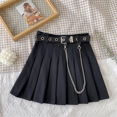 Plaid Skirt Women High Waist Chain Pocket A-line Streetwear Vintage Free Belt