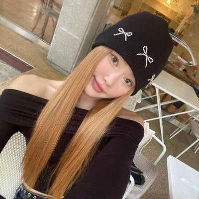 Fashion Beads String Bow Woolen Cap Women